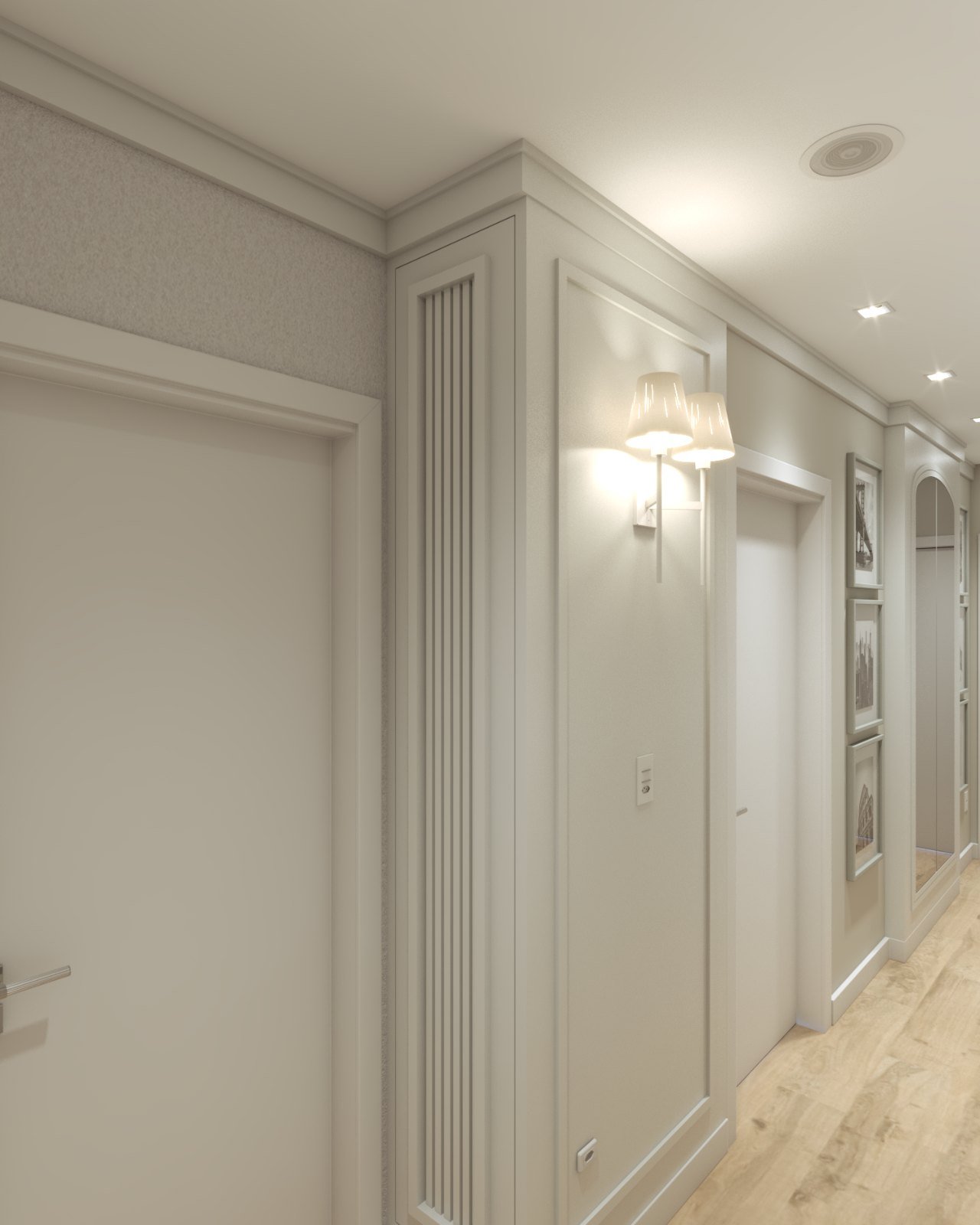 Arandela de duas cúpulas sobre painel emoldurado, coluna com veneziana e a sequência de quadros ao fundo