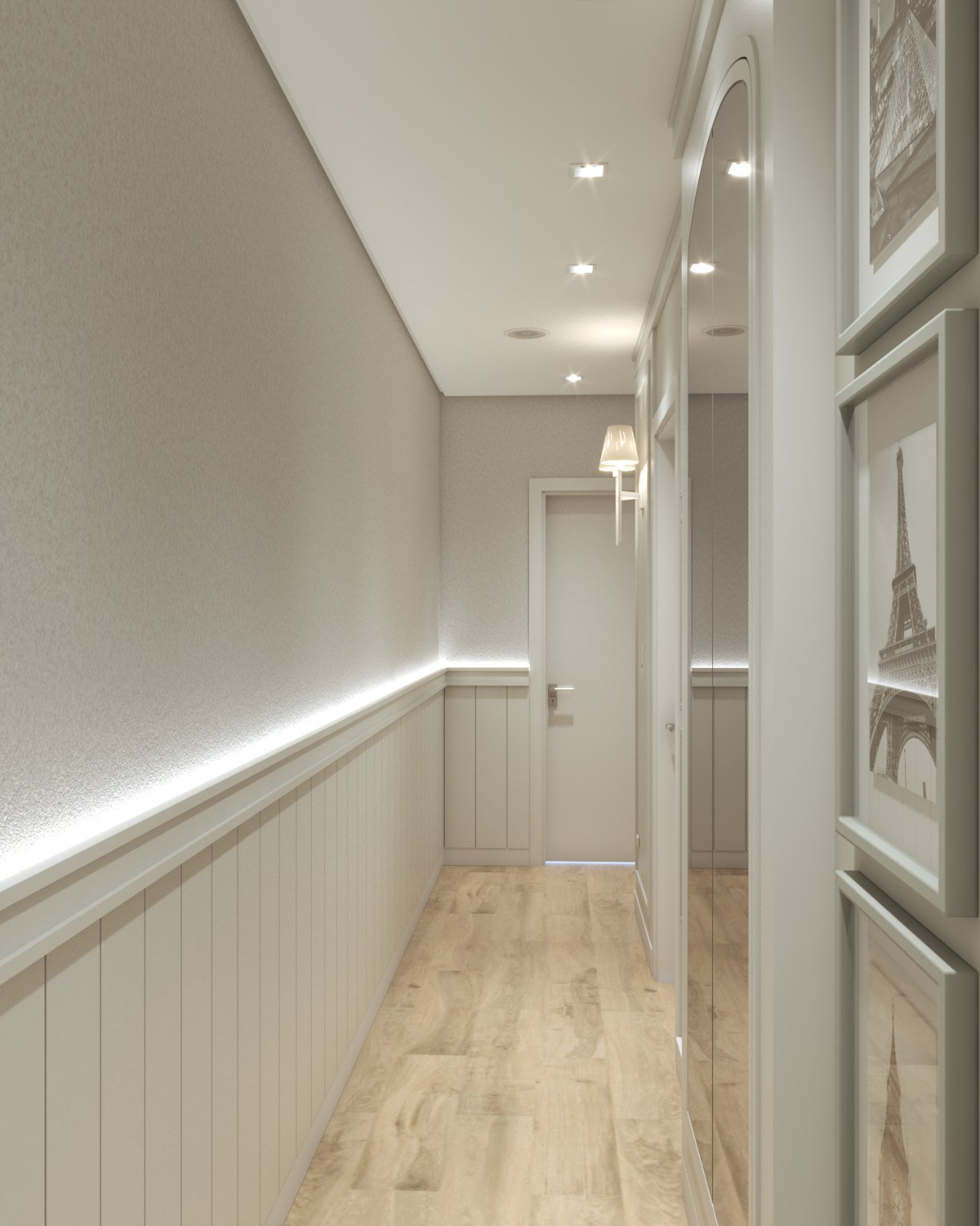 Vista do hall com boiserie iluminada à esquerda, espelho arqueado e quadros à direita