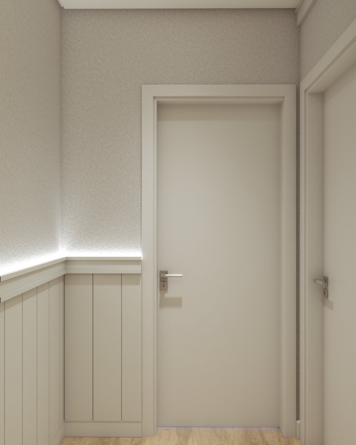 Porta ao fim do hall, com boiserie ripada e fita de luz no arremate