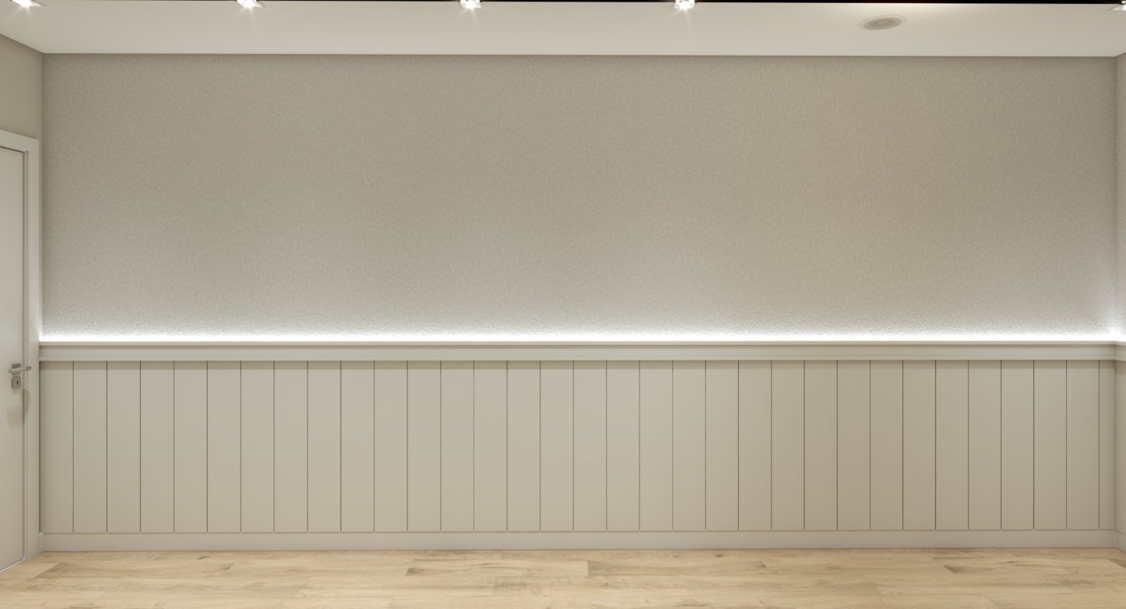Parede longa do hall: boiserie ripada com fita de luz contínua no arremate superior