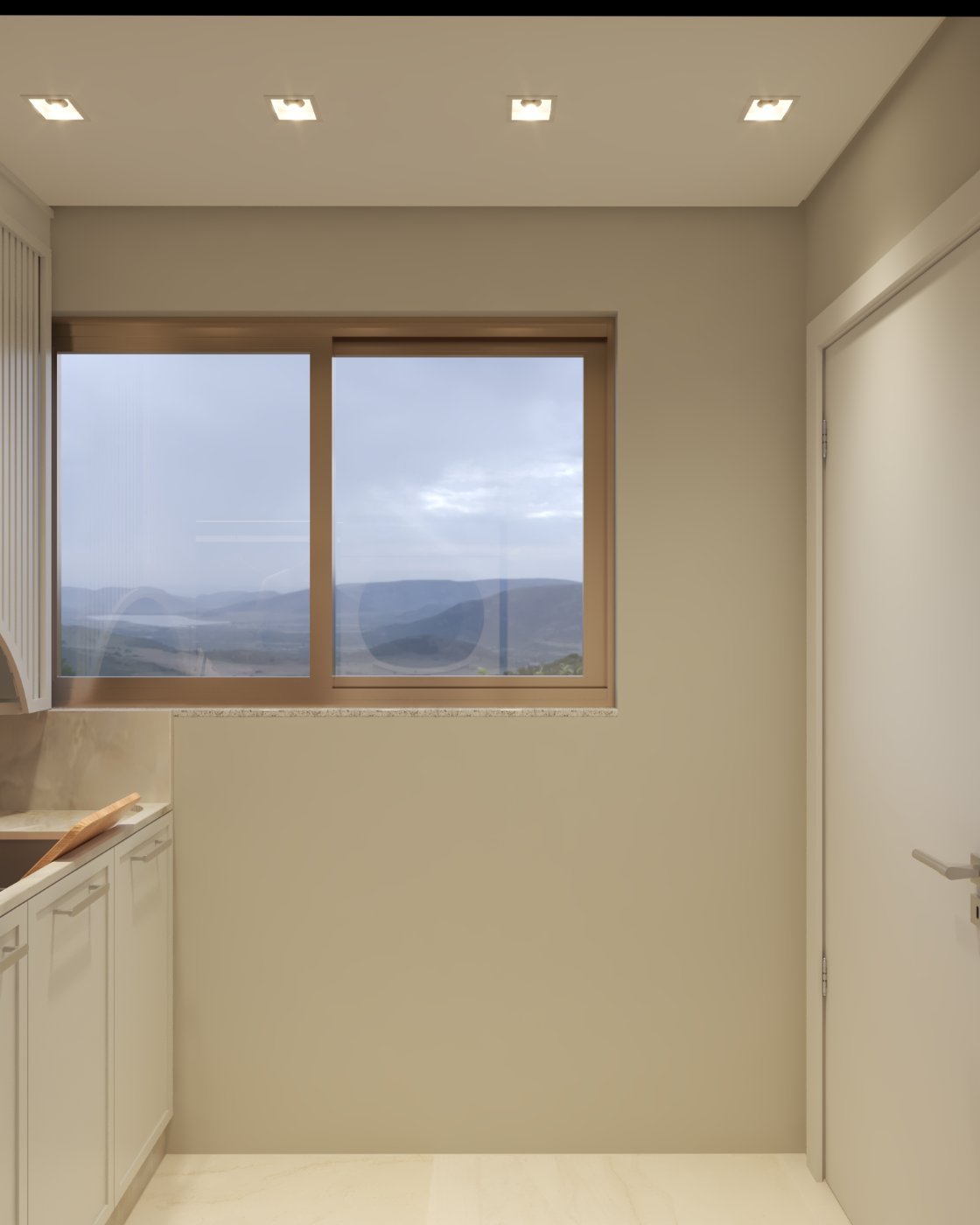 Janela da lavanderia com vista para as montanhas e a porta de acesso à direita