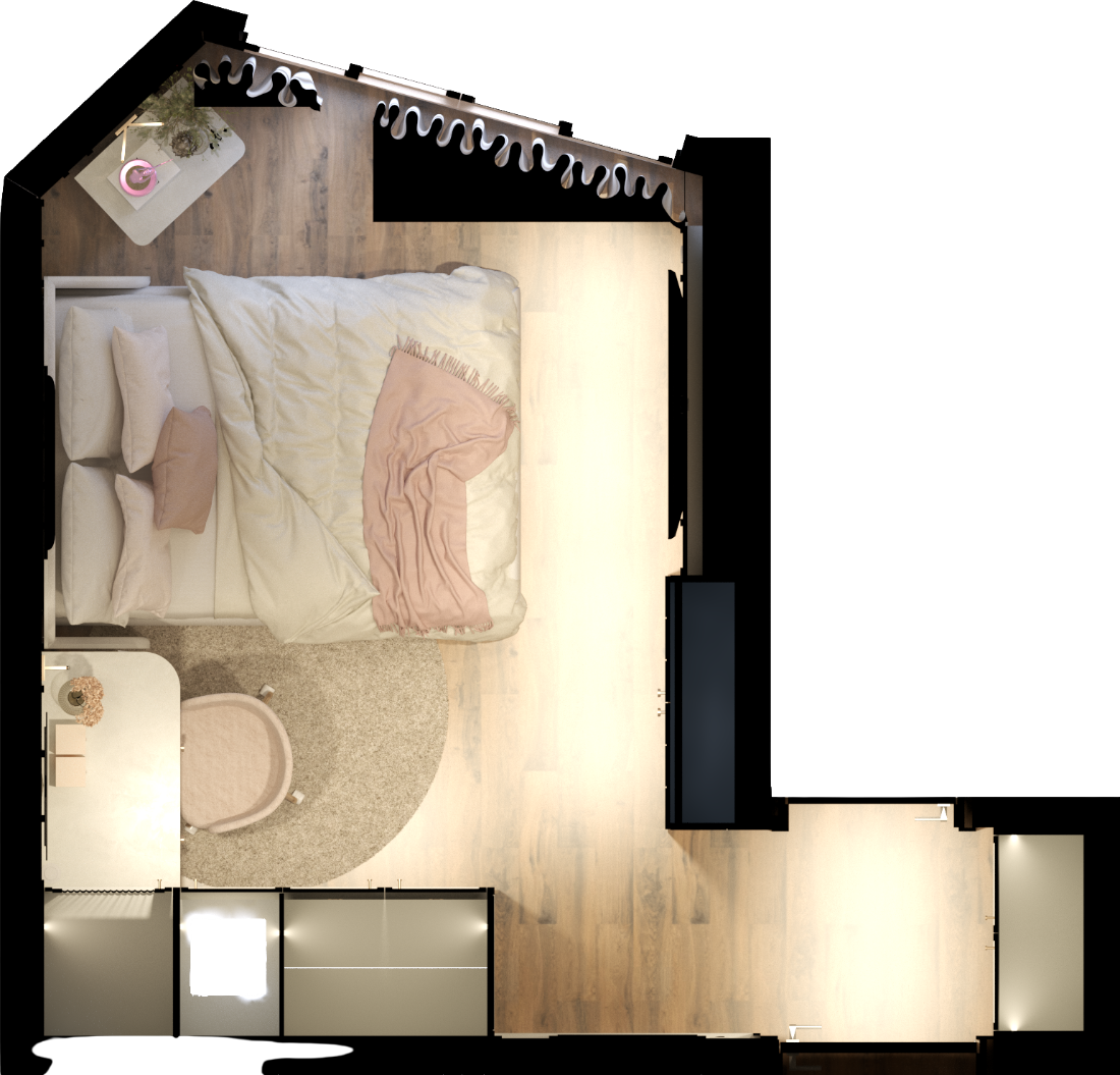Planta baixa humanizada da suíte I do Apartamento Essenza