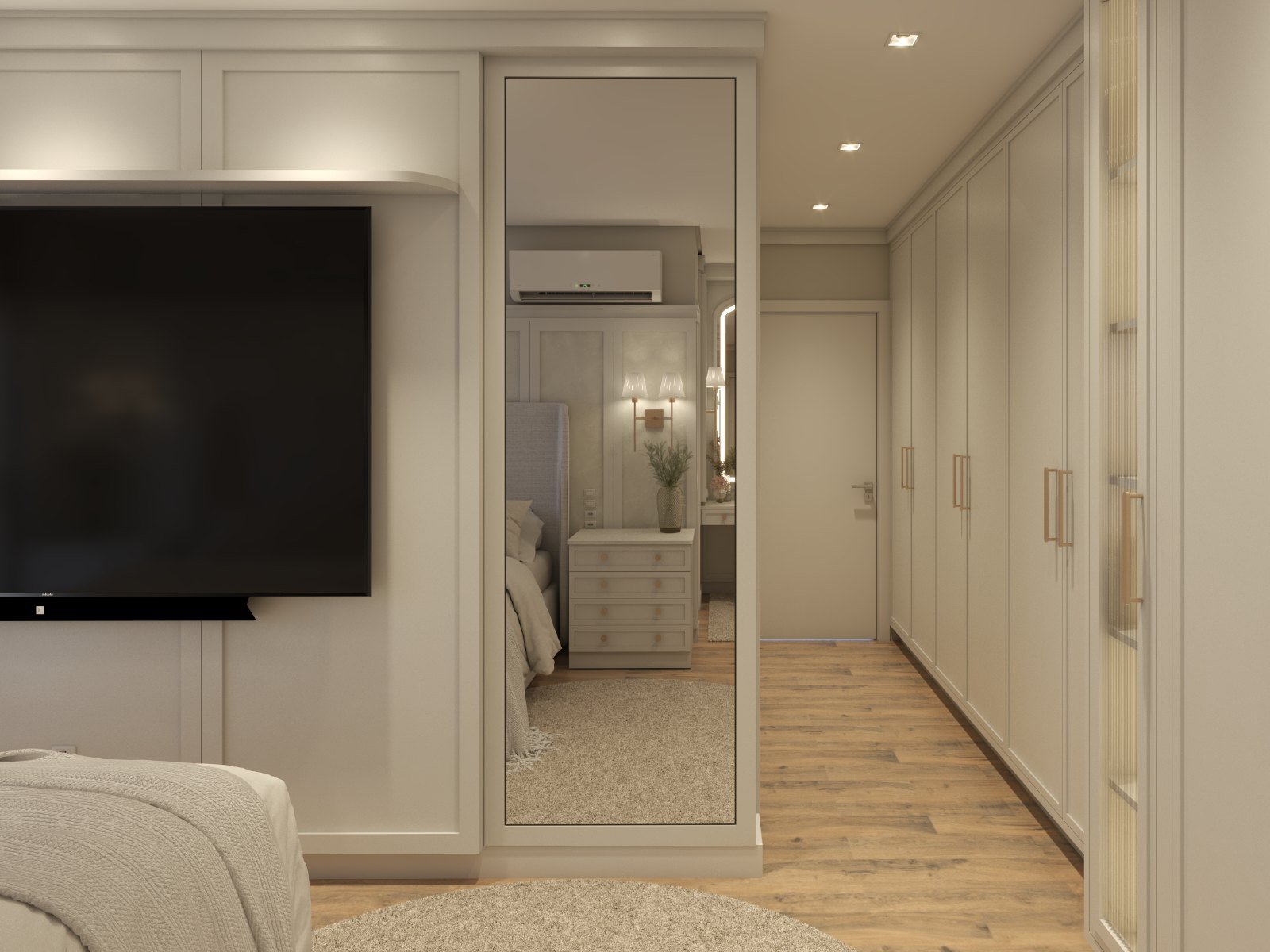Painel da TV, espelho de corpo inteiro e o corredor de armários do closet ao fundo