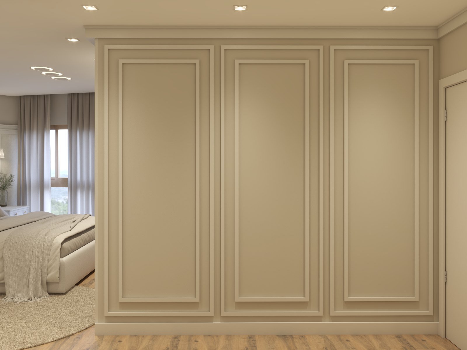 Boiserie de três painéis que separa o dormitório do closet, com a cama visível à esquerda