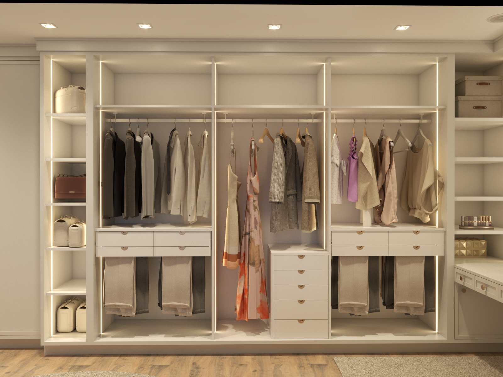 Interior do closet aberto: cabideiros iluminados, gavetas centrais e nichos para bolsas e sapatos