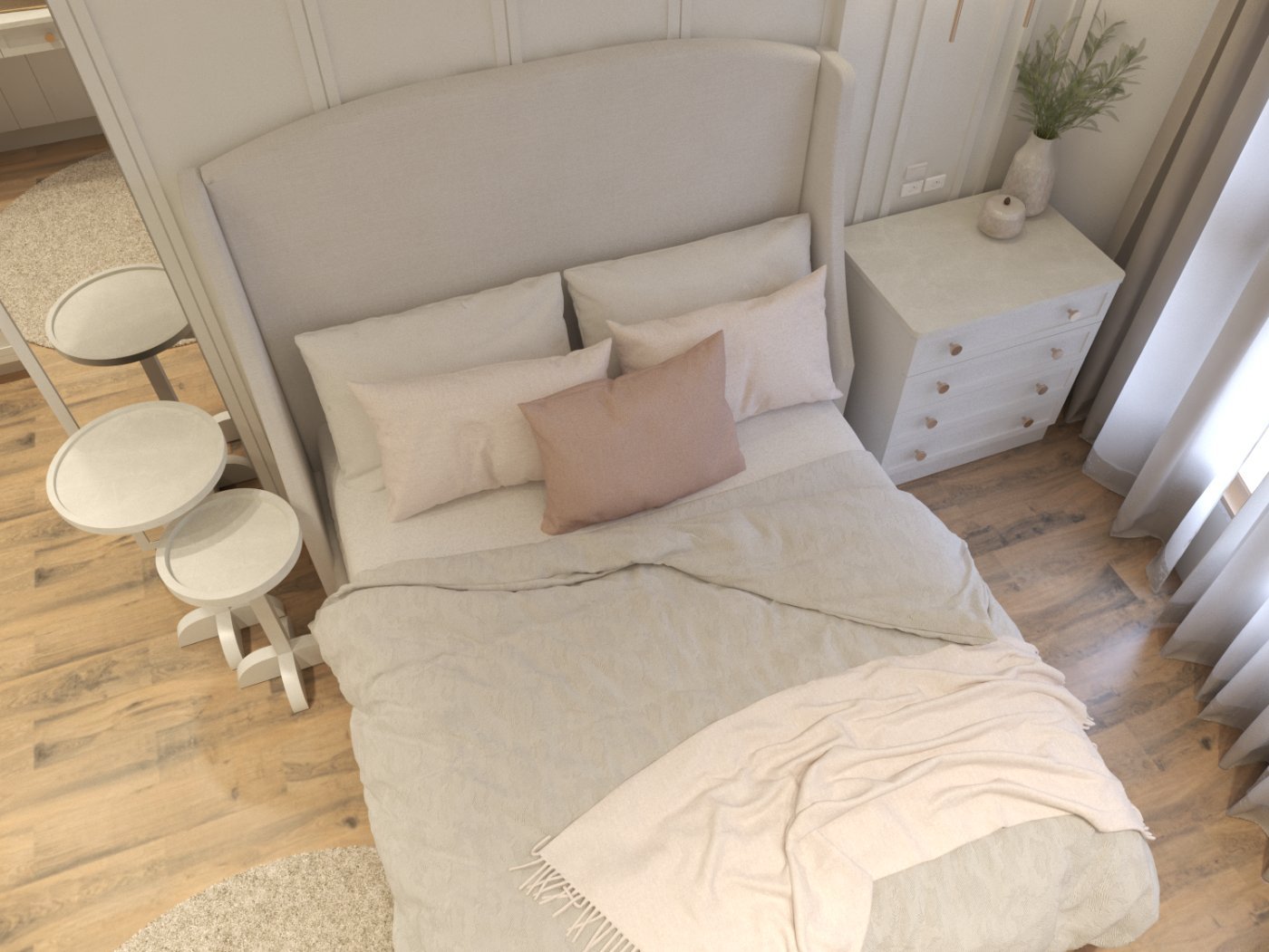 Cama da suíte II vista de cima, com criado-mudo claro e mesas laterais redondas