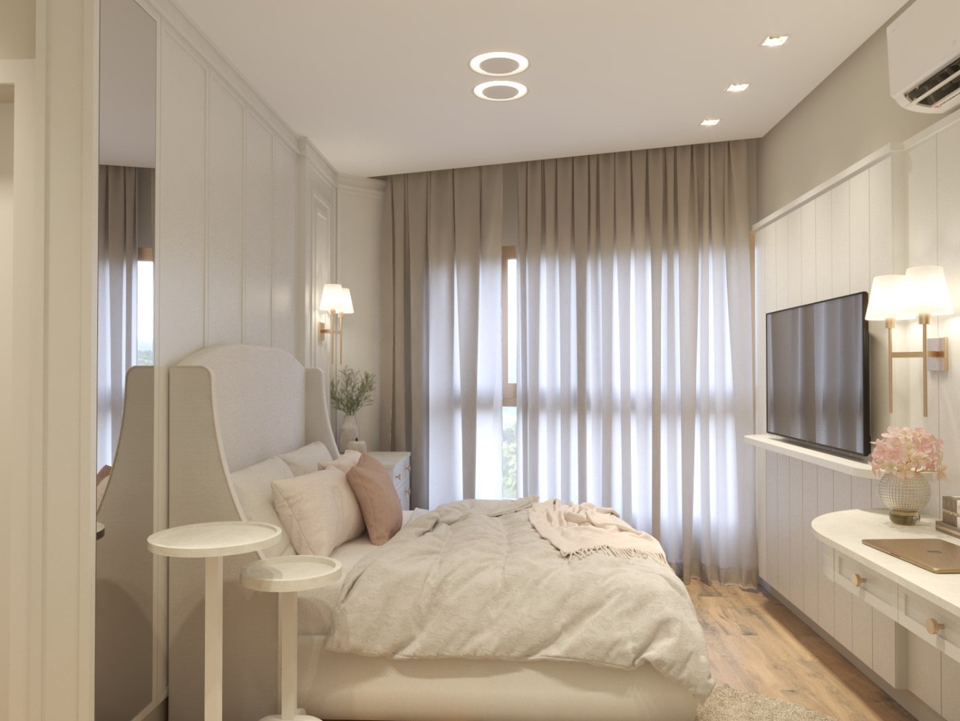 Vista ampla da suíte II com cortinas, cama e painel de TV