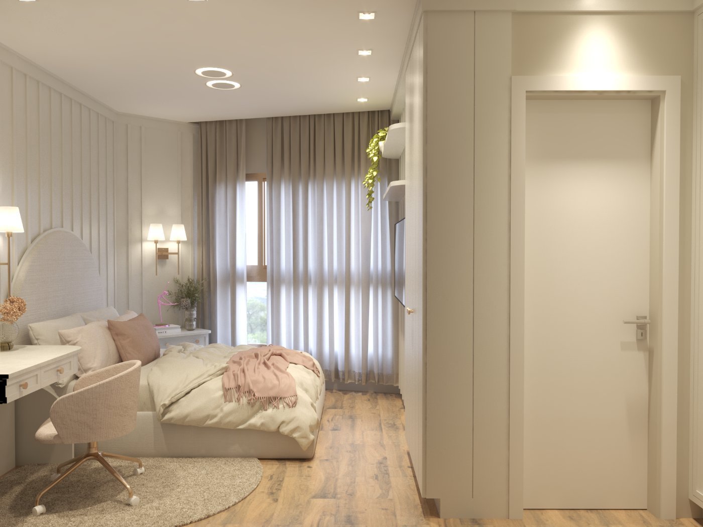 Vista ampla da suíte I com cortinas, cama e porta de acesso