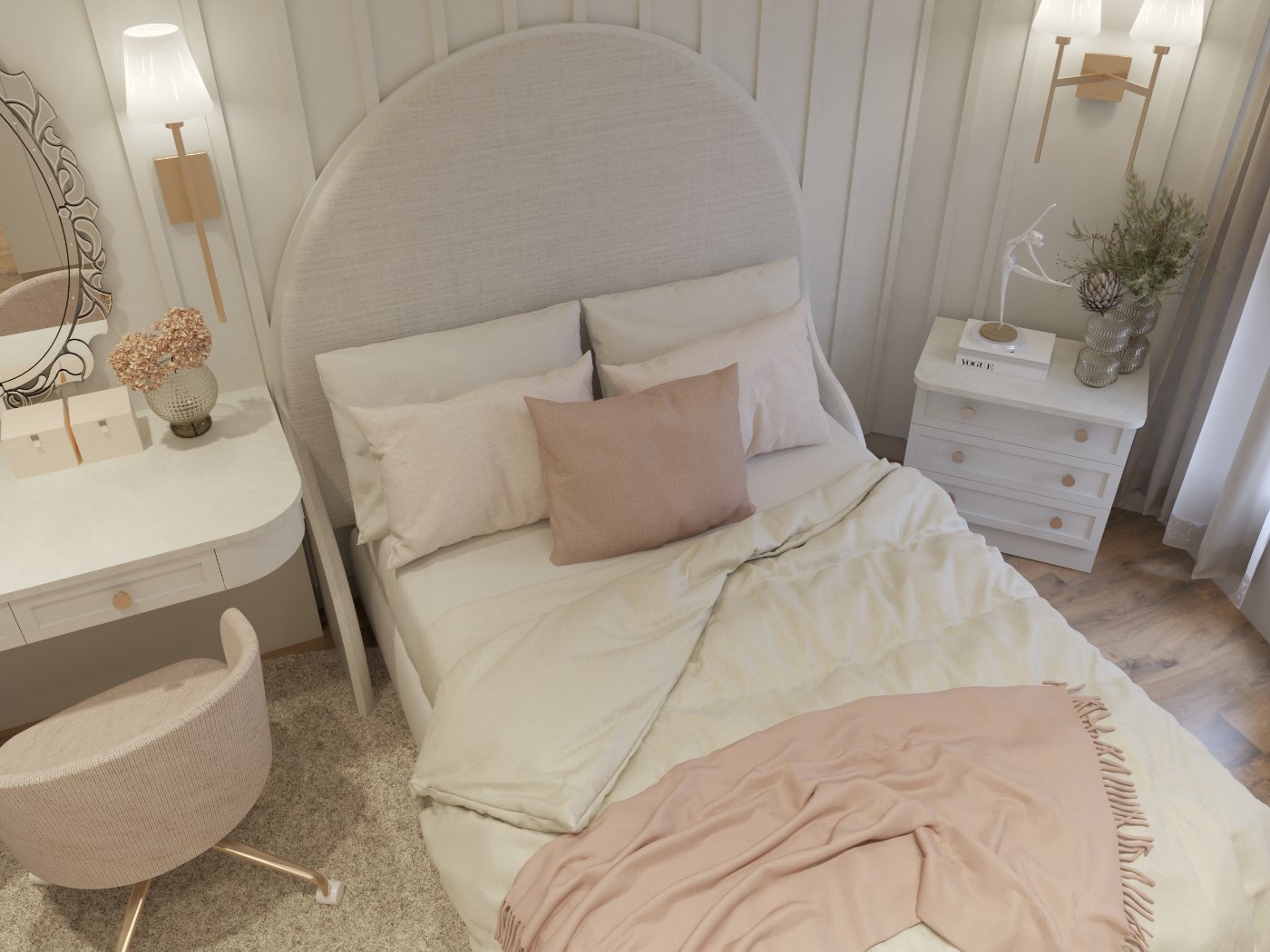Cama da suíte I vista de cima, com cabeceira arredondada e manta rosé