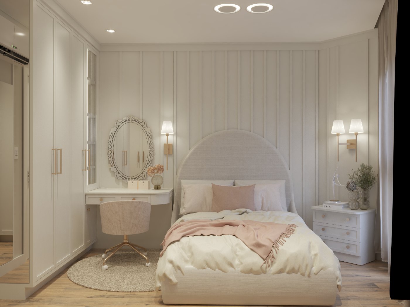 Vista frontal da cama com painel boiserie, penteadeira e armários
